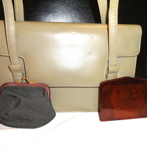 J.MILLER FOR PRESTIGE-VINTAGE KHAKI/BEIGE LEATHER HANDBAG-BOW ACCENT - Picture 3 of 6